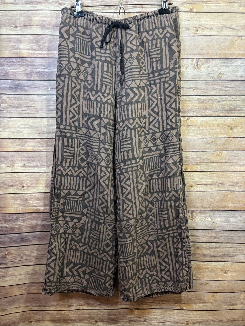 Match Point Linen Pull-On Tribal Pants Women's Large Coastal Relaxed Beach